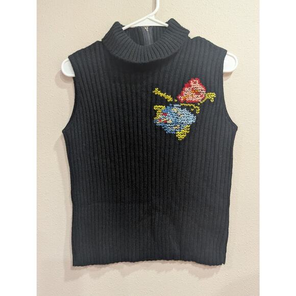 Pretty black halter sweater top w/floral embroidery/cross stitching size XS - Picture 1 of 5